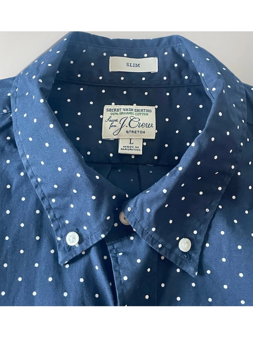 J. Crew Organic Cotton Large (L) Slim Fit Shirt - Dark Blue with Polka Dots - Picture 3 of 10